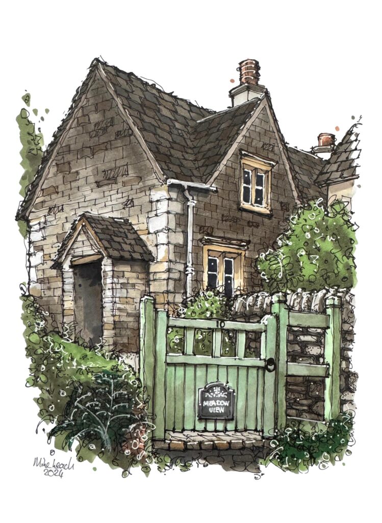 Marker sketch of a house in the Cotswold with a green gate
